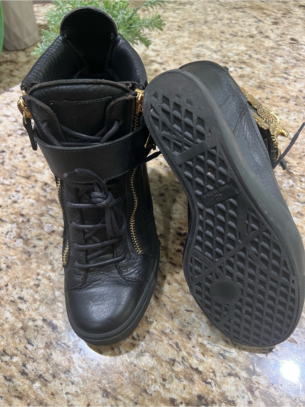 Giuseppe Zanotti Black Wedge Lace-Up Ankle Sneakers with Gold Eagle Emblem 40 - Picture 11 of 11